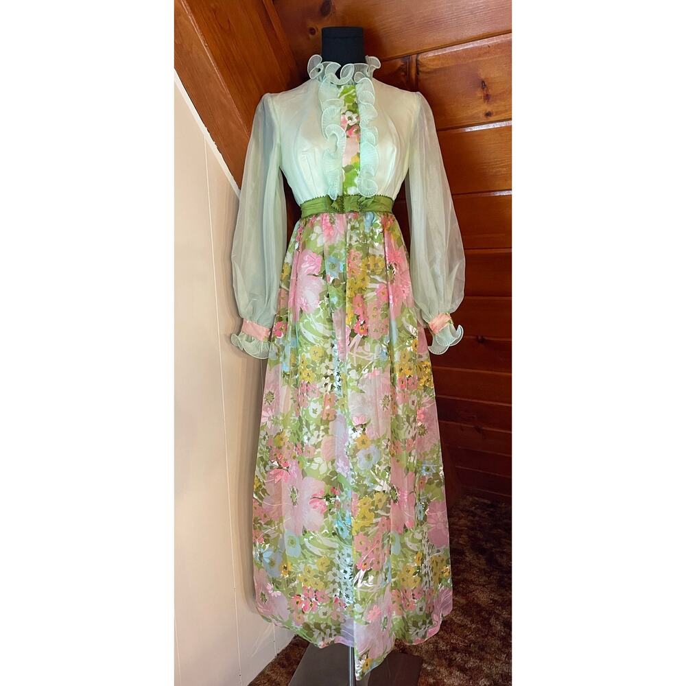 VTG 60s 70s Sylvia Ann Maxi Dress Ruffle Front and Floral Velvet Skirt sz 6-sz S